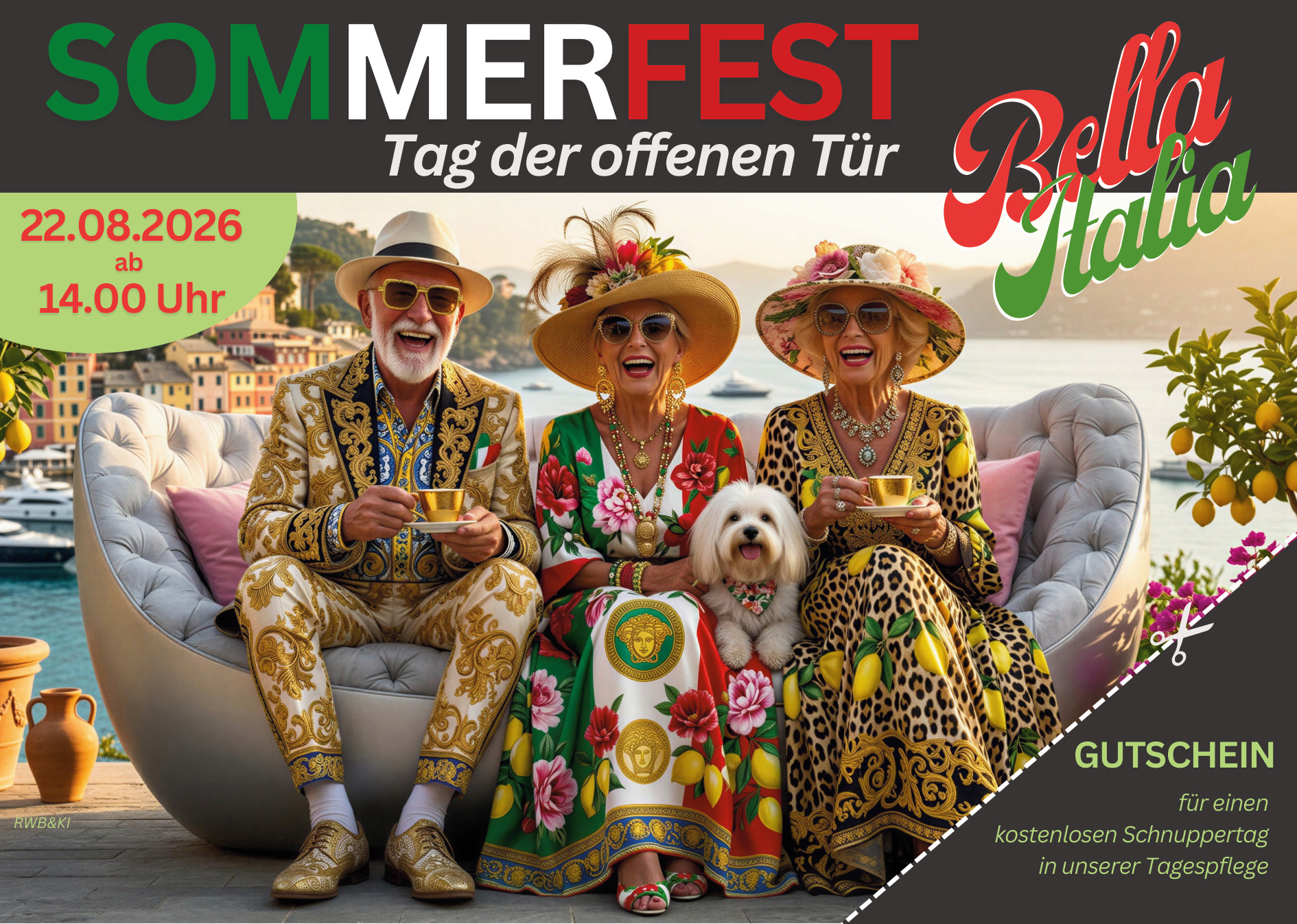 Einladung zum Sommerfest 2026 – Tag der offenen Tür der Residenz Wohnpark Blumlage in Celle, Motto Bella Italia, am 22.08.2026 ab 14 Uhr